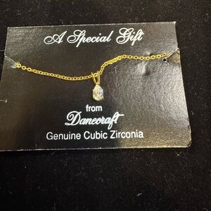 New Cubic Zirconia Teardrop Solitaire Pendant Necklace Goldtone 18" Danecraft